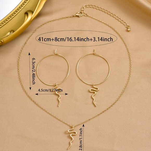 3/$35 Gold Plated Snake Jewelry Set Hoop Earrings Chain Pendant Necklace - Picture 5 of 8